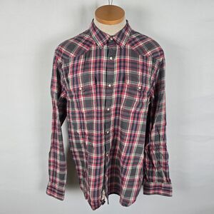 Lucky Brand Pearl Snap Shirt Men's L Red & Gray Plaid Long Sleeve Collar